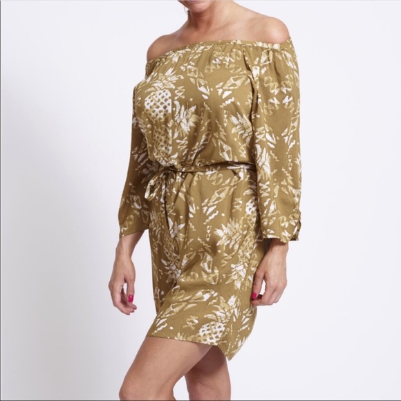 Khaki Pineapple Print Off Shoulder Dress - Picture 2 of 4